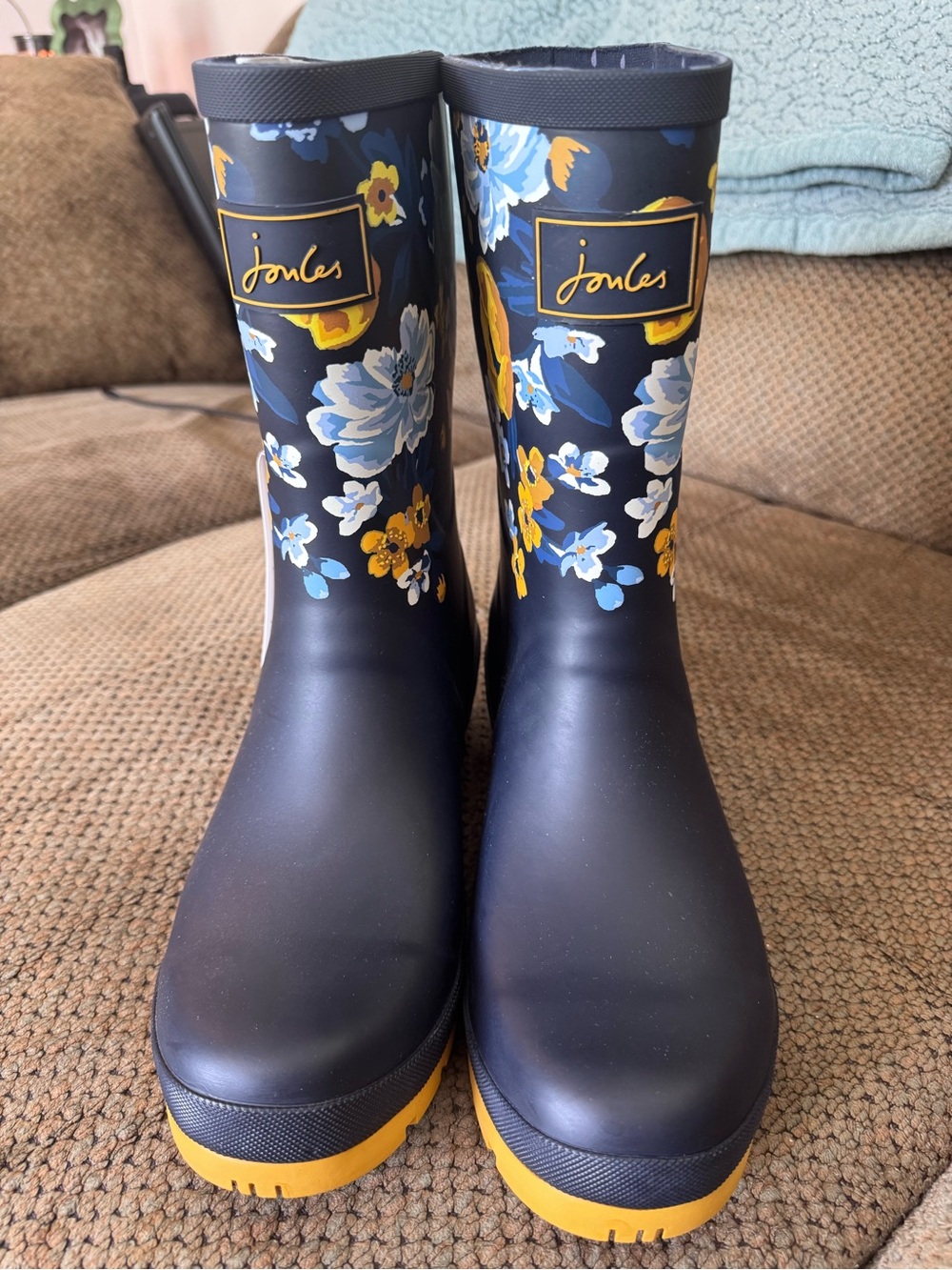 Joules Navy Floral Rain Boots with Yellow Soles